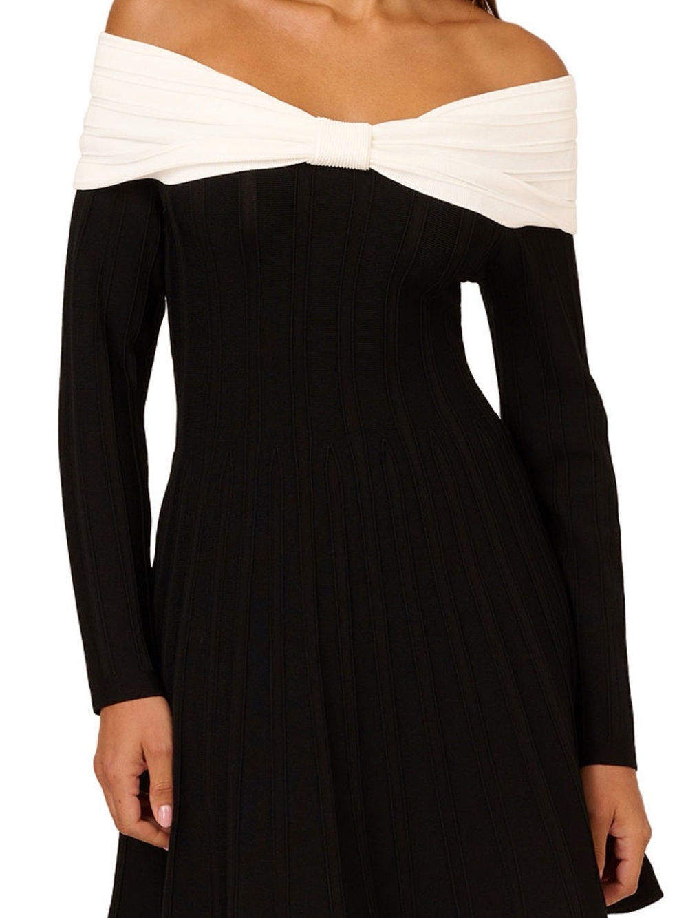 Adrianna Papell Black Off-Shoulder Dress with White Bow Detail.